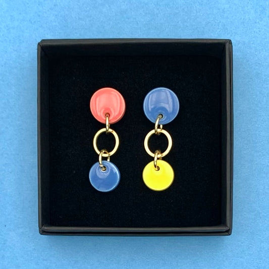 Boucles Satellite, bleu azur, jaune citron et rose corail