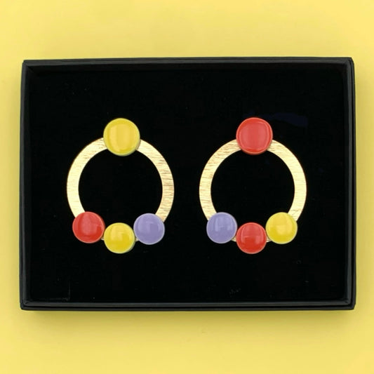 Boucles Farandole, jaune, rouge et lavande