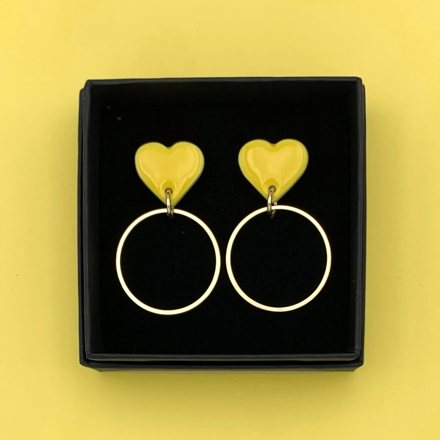Boucles d'oreilles coeur et anneau, jaune citron