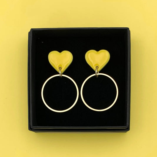 Boucles d'oreilles coeur et anneau, jaune citron