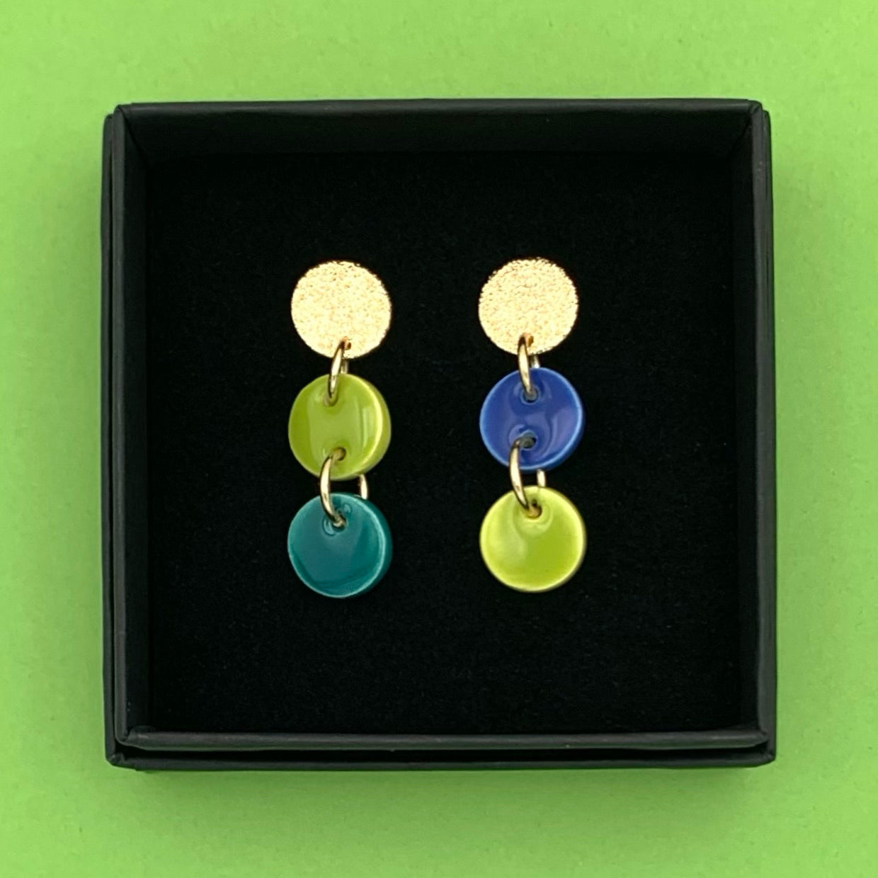 Boucles Tic Tac, vert pistache, bleu cobalt et bleu-vert