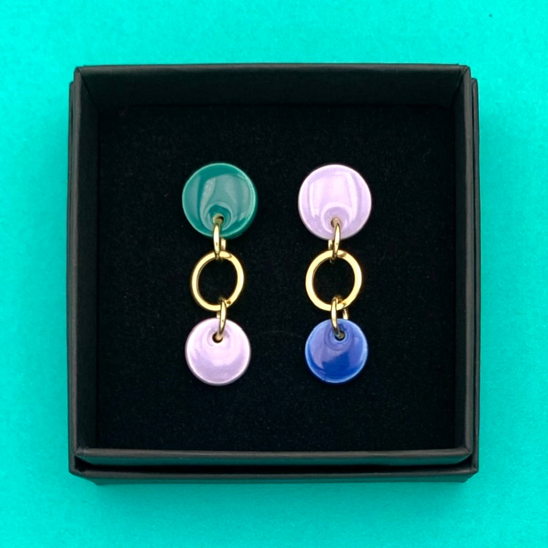 Boucles Satellite, lavande, bleu cobalt et vert-bleu