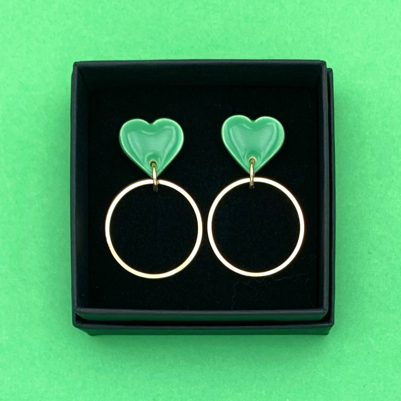 Boucles d'oreilles coeur et anneau, vert pomme