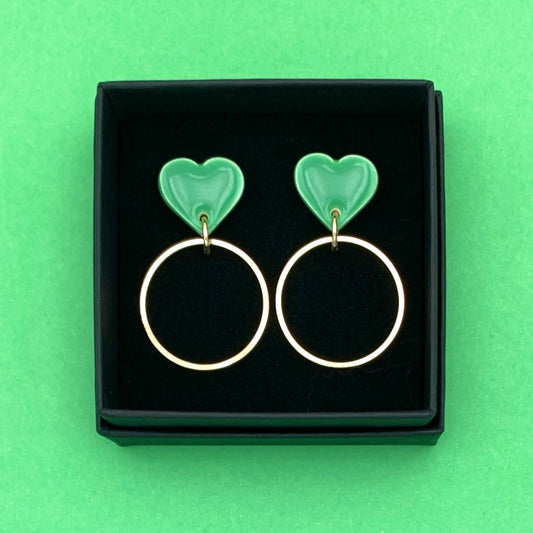 Boucles d'oreilles coeur et anneau, vert pomme