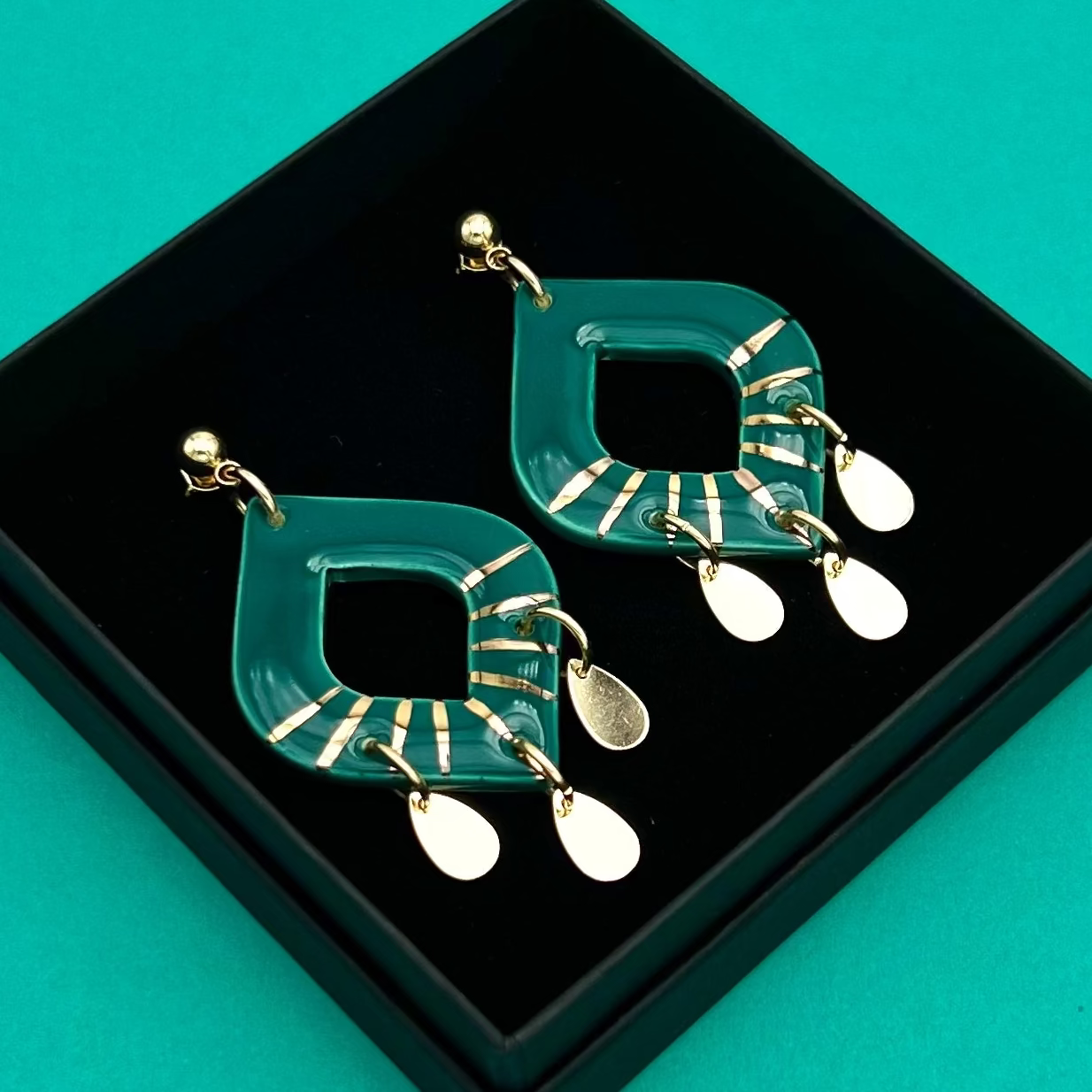 Boucles d'oreilles Orient, vert-bleu et or