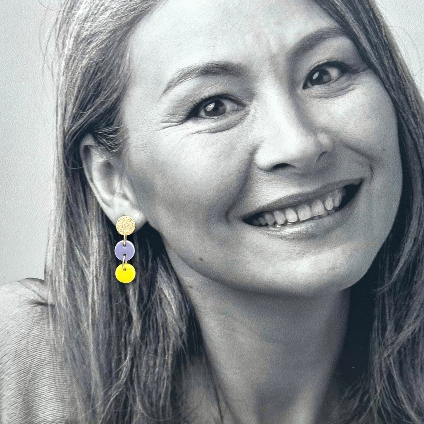 Boucles Tic Tac, lavande, jaune citron et rouge orangé
