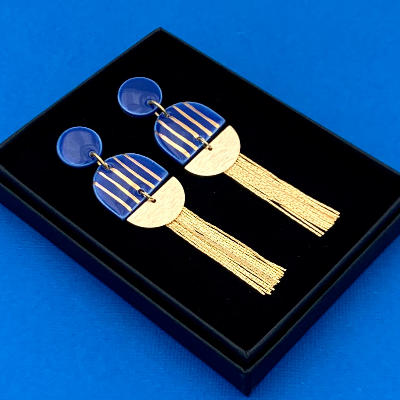 Boucles d'oreilles Olympe, bleu et or
